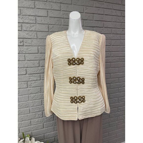 Formal Threads Women Cream Crinkle Blouse With Faux Pearls / Gold Beads - Picture 1 of 11